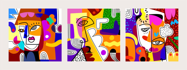 Fototapeta premium Abstract face portrait person geometric, doodle, line art hand drawn vector illustration. Aesthetic design for art print, wall art, banner, cards, poster, cover and decoration.