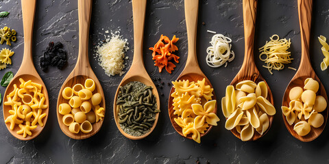 Various types of raw italian pasta in wooden spoons