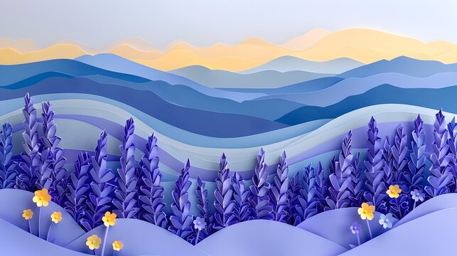 Paper Art Landscape with Mountains and Bright Flowers, To add a unique and creative touch to any interior design or graphic project