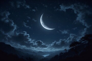 Obraz na płótnie Canvas Crescent moon over the clouds, beautiful sky view, Ramadan Kareem or eid background.