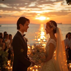 intimate beach wedding ceremony under the captivating sunset, serene sea waves, couple in love, pure and joyful 