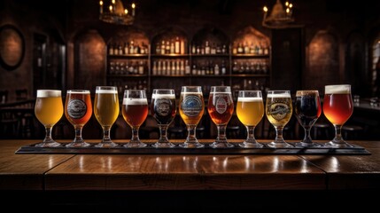 Glasses with different sorts of craft beer on wooden bar - obrazy, fototapety, plakaty