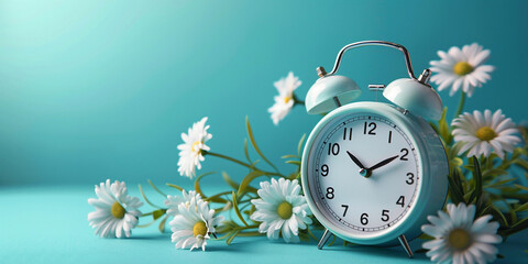 white alarm clock and bouquet of chamomiles .
