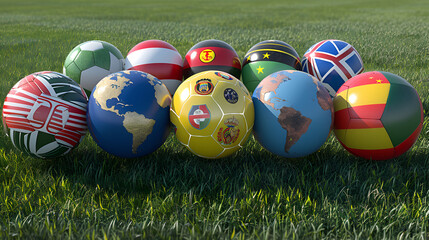 Soccer Balls With Various Countries Flags on Grass, International Football Tournament, Sports Competition Concept, Soccer Match Equipment, World Cup Championship, Generative Ai

