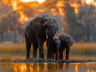 A tender moment in the wild: Capture an image of a majestic adult elephant tenderly touching foreheads with two playful baby elephants. 