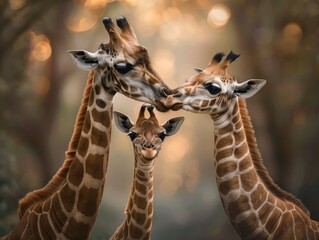 A family of giraffes roams through the forest, their long necks reaching up into the foliage.   - obrazy, fototapety, plakaty