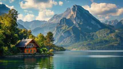 The photo portrays an enchanting getaway, with a small cabin perched by a pristine mountain lake, inviting visitors to unwind and immerse themselves in the beauty of their surroundings. - obrazy, fototapety, plakaty