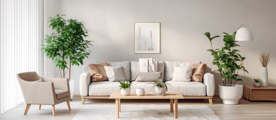A cozy living room with a couch, chair, table, and plants. The room is filled with natural elements like wood flooring, houseplants, and a tree outside the window