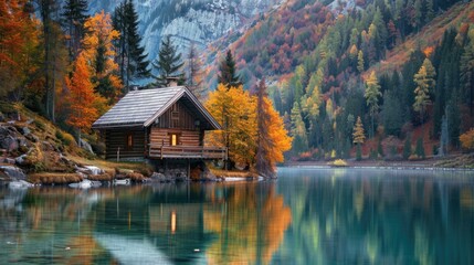 Obraz premium An idyllic view unfolds in the photo, featuring a small and cozy cabin perfectly positioned by a serene mountain lake, presenting an opportunity to experience the beauty of nature up close.