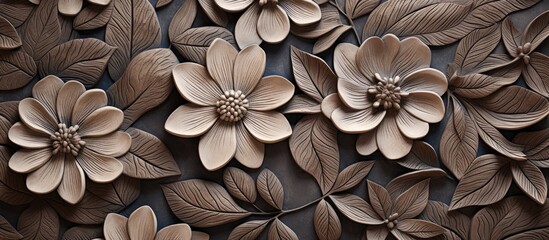 Brown ceramic tiles featuring a floral design for wall and floor embellishment. Concrete stone texture as a background for interior design.
