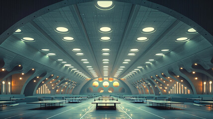 A ping pong table is in the middle of a large arena - obrazy, fototapety, plakaty