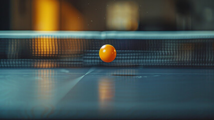 A dimly lit room with a ping pong table in the center - obrazy, fototapety, plakaty