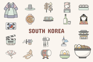 South Korea Lineal Color Vector Illustration Icon Sticker Set Design Materials