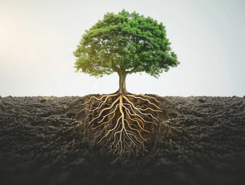 A tree with education roots and opportunity branches, signifies empowerment and growth under a clear sky.