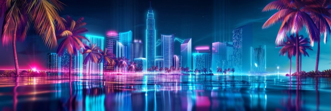 Digital real estate development concept with neon skyline in palms