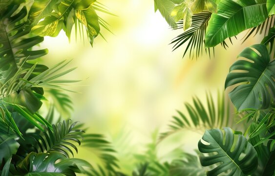 An evocative scene of a tropical forest, with a lush canopy and an abundance of tropical flora.