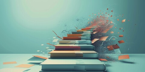 Abstract book pages transform into labeled steps, guiding with key resources on a clear backdrop towards academic triumph.