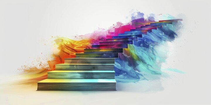 An educational roadmap depicted by a book evolving into steps, each marked with vital resources, leading to academic triumph on a clear backdrop.