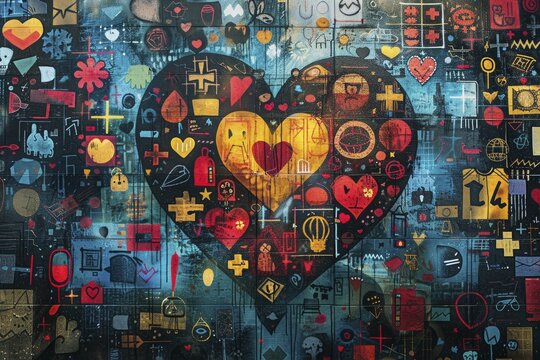 An abstract heart design, surrounded by cultural symbols, showcases the significance of culturally competent care in health equity on a clear canvas.