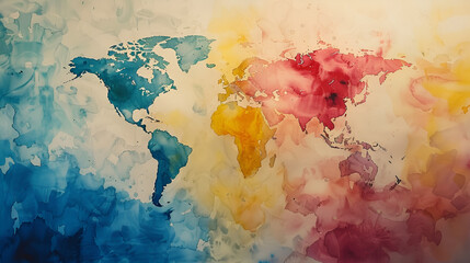 Vibrant Watercolor World Map: Colorful Continents, Artistic Cartography, Travel and Geography Illustration, Generative AI

