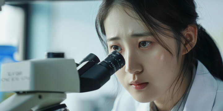 young Asian female scientist is looking through the microscope, generative AI