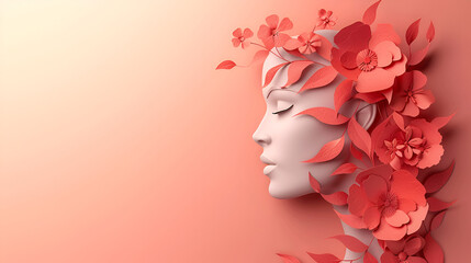 Elegant Woman's Face with Floral Style Paper Cut, Creative Craftsmanship, Feminine Beauty, Artistic Portrait with Copy Space, Generative AI

