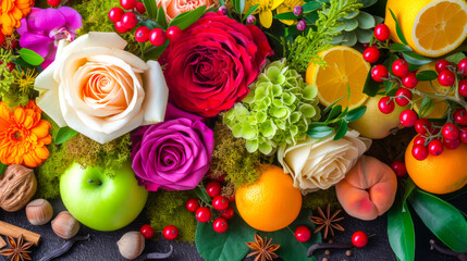 random selection of colorful flowers like roses, Jasmine, Orchid , lily some fruits like orange, lemon, peach, green apple, red berries, oak moss, vanilla pods, some spices like anise, cinnamon some n - obrazy, fototapety, plakaty