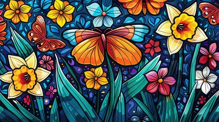 Butterfly garden and daffodils, a vibrant doodle pattern reflecting the beauty of Easter