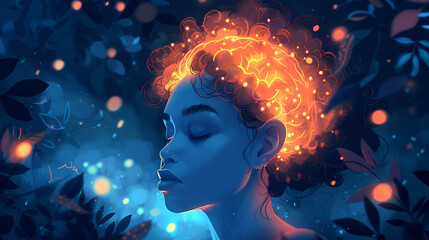 Young Girl Thinking with Glowing Brain Illustration, Creativity and Intelligence, Brainstorming Idea Concept, Mind Power and Innovation, Generative AI

