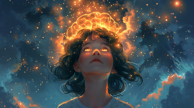 Young Girl Thinking with Glowing Brain Illustration, Creativity and Intelligence, Brainstorming Idea Concept, Mind Power and Innovation, Generative AI

