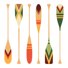 Canoe oars, retro style illustration. Wooden paddle vector graphic elements set. 