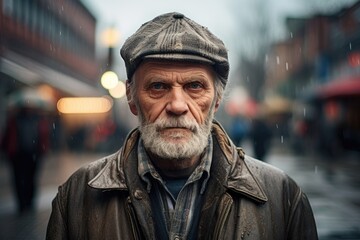 Portrait of an old man with gray beard on the street in the rain