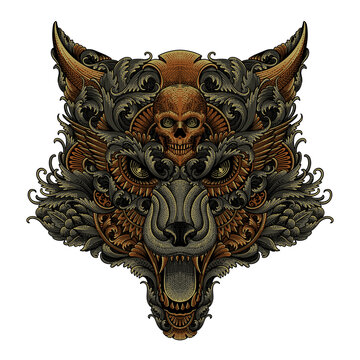 Head of wolf in decorative artwork 