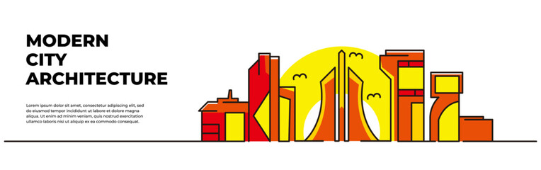 City buildings landscape vector illustration. City landmarks with sun in the background. Modern flat in continuous line style.