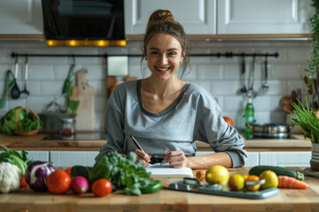 Smiling fitness woman in sportswear standing in kitchen and writing down healthy recipe or daily...