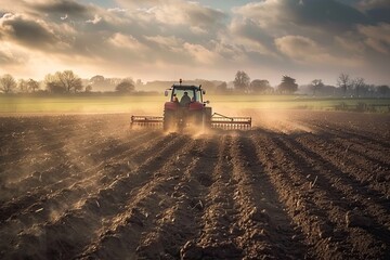 Fototapeta premium a farmer plowing a field, driving a tractor and turning the soil
