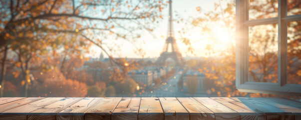 Beautiful scenery: empty white wooden table with Eiffel Tower view, blurred bokeh out of an open window, product display, defocus bokeh, blurred background with sunlight. product display template