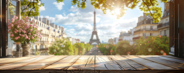 Fototapeta premium Beautiful scenery: empty white wooden table with Eiffel Tower view, blurred bokeh out of an open window, product display, defocus bokeh, blurred background with sunlight. product display template
