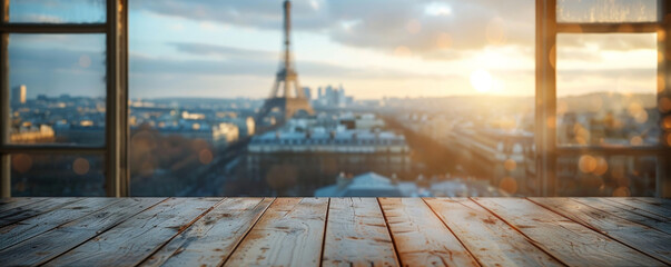 Beautiful scenery: empty white wooden table with Eiffel Tower view, blurred bokeh out of an open window, product display, defocus bokeh, blurred background with sunlight. product display template