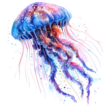 Watercolor illustration of a large colourful Jellyfish, high detail, watercolor
