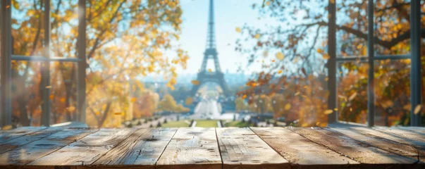 Fotobehang Beautiful scenery: empty white wooden table with Eiffel Tower view, blurred bokeh out of an open window, product display, defocus bokeh, blurred background with sunlight. product display template © ND STOCK