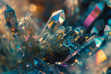 A close-up of crystals, their reflective surfaces catching the light. - obrazy, fototapety, plakaty