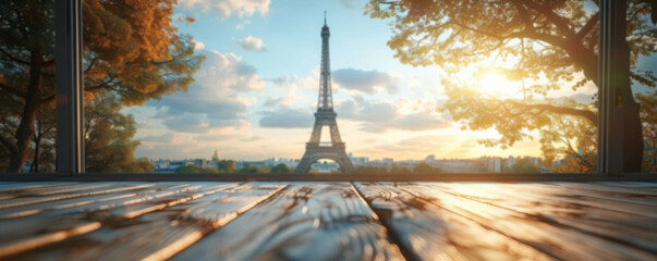 Beautiful scenery: empty white wooden table with Eiffel Tower view, blurred bokeh out of an open window, product display, defocus bokeh, blurred background with sunlight. product display template