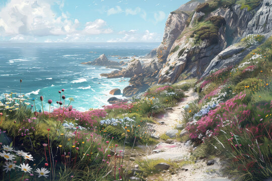 A coastal cliff path, winding along rugged cliffs, waves crashing below. Wildflowers clinging to the edge, leading to hidden coves