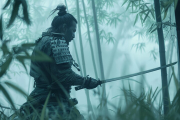 A fierce samurai, katana drawn, standing in a mist-covered bamboo forest