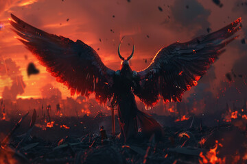 A fierce Valkyrie, with wings of fire, standing on a battlefield strewn with fallen warriors - obrazy, fototapety, plakaty
