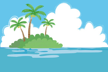 Fototapeta na wymiar 椰子の木、草木に覆われた小島が浮かぶ海と青空の背景のベクターイラスト