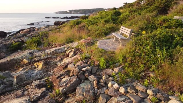 aerial view of a bench and luxury resort house along the Marginal way trail in Ogunquit Maine USA