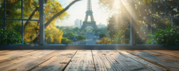 Fotobehang Beautiful scenery: empty white wooden table with Eiffel Tower view, blurred bokeh out of an open window, product display, defocus bokeh, blurred background with sunlight. product display template © ND STOCK
