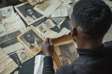 African American male analyzing old family photographs for genealogy research. - obrazy, fototapety, plakaty